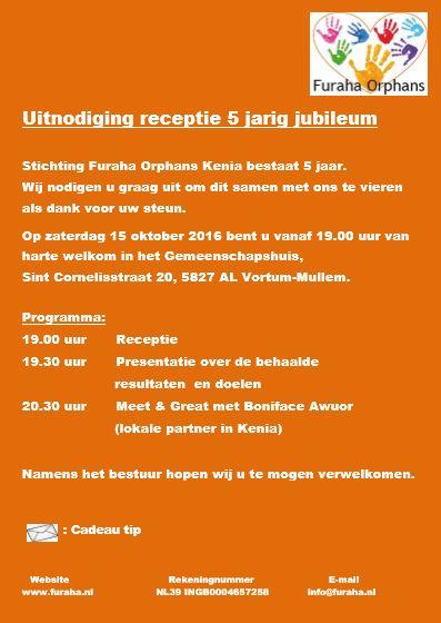 Uitnodiging receptie 5 jarig jubileum